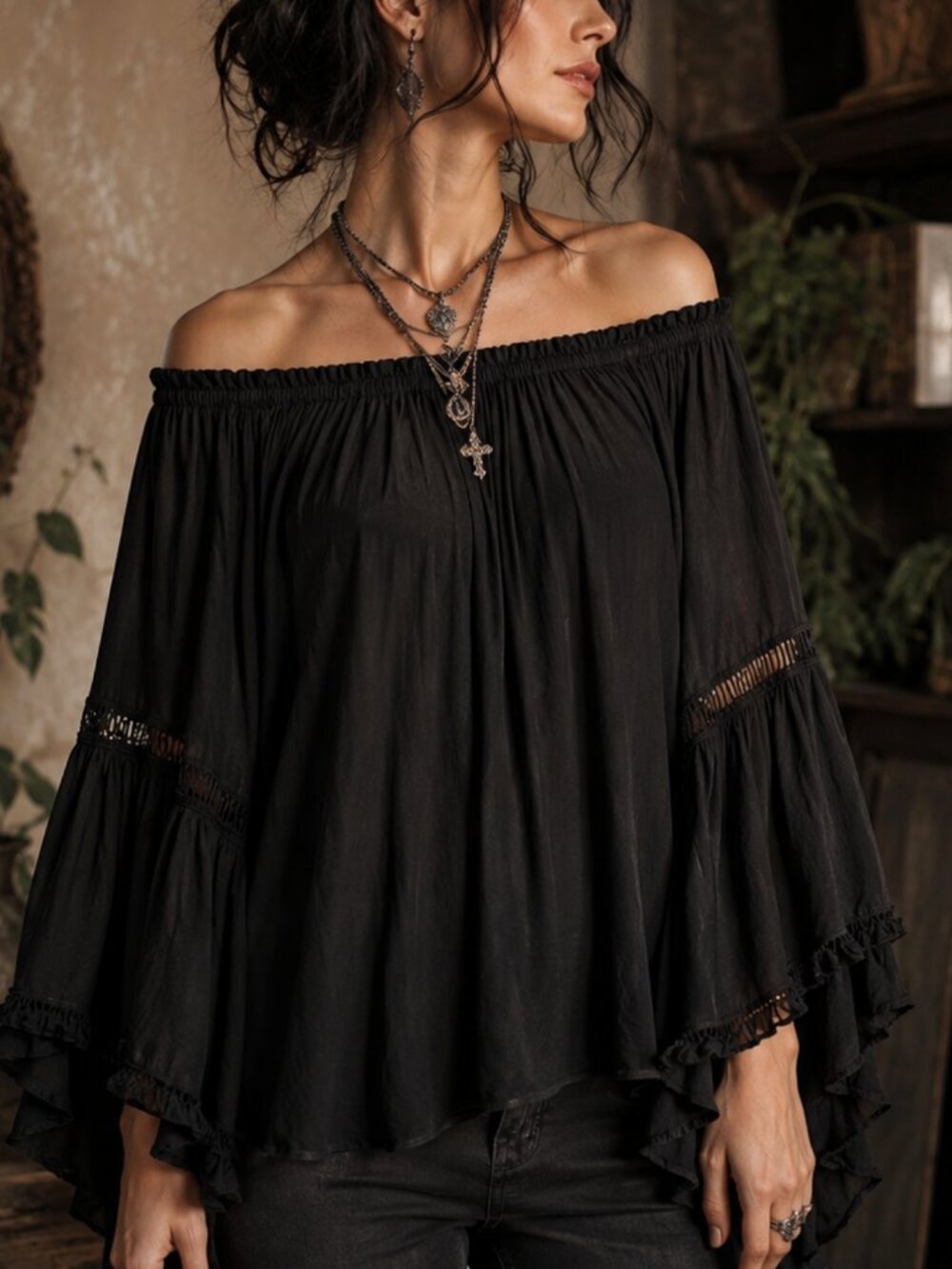Elan Witchy Black Off Shoulder Bell Sleeve Blouse O/S Boho Festival Whimsigoth